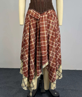 Preppy Plaid Maxi Skirt Dual-Layer Tartan Irregular Skirt