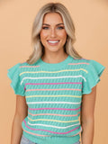 PRETTY BASH Stripe Eyelet Knit Ruffle Sleeve Sweater