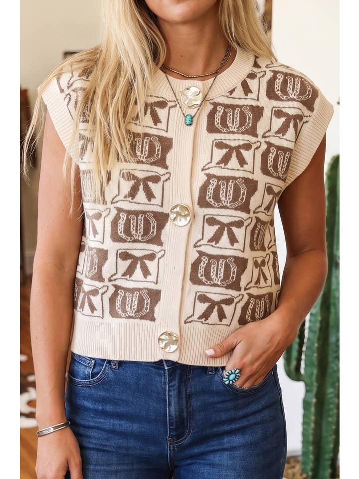 Ldc Cropped Knit Cardigan with Western Bow Motif Vest