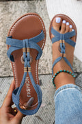 Peacock Blue Denim Strappy Cutout Boho PU Leather Flat Sandals