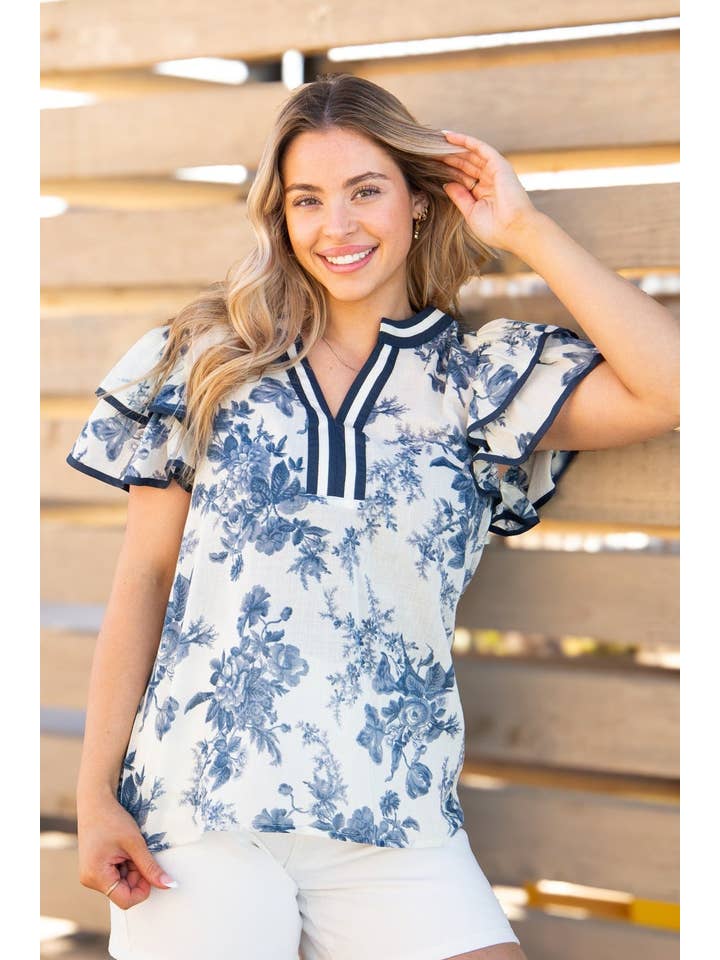V-Neck Flutter Sleeve Top, Blue Floral