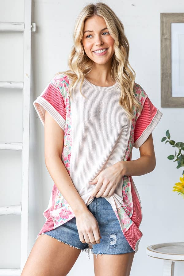 Plus Short Sleeve Solid and Floral Top