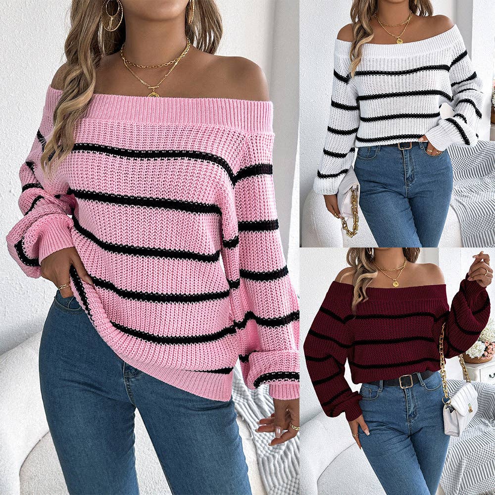 Women Striped Off-Shoulder Puff Sleeve Sweater