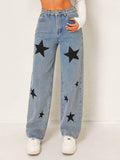 Women's Star Print Wide Trendy Casual Leg Jeans