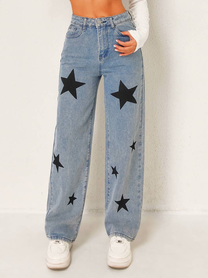 Women's Star Print Wide Trendy Casual Leg Jeans