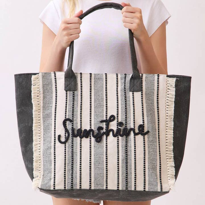 Vintage Sunshine Message Stripe Fringe Tote Bag