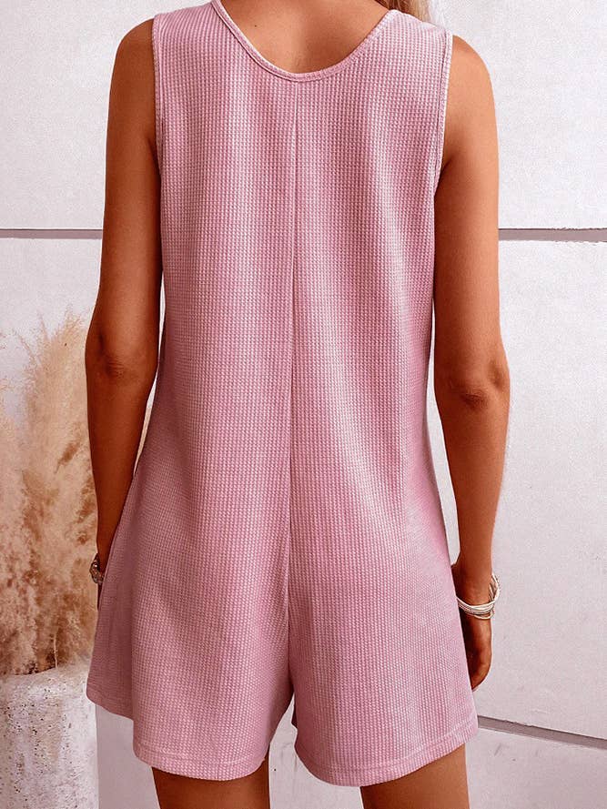 Pink Waffle Sleeveless Pockets Romper ZK1646