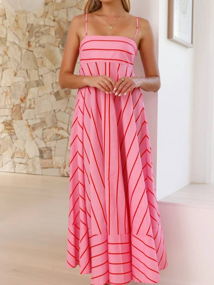 Striped Print High-Waist Flared Vacation Dress