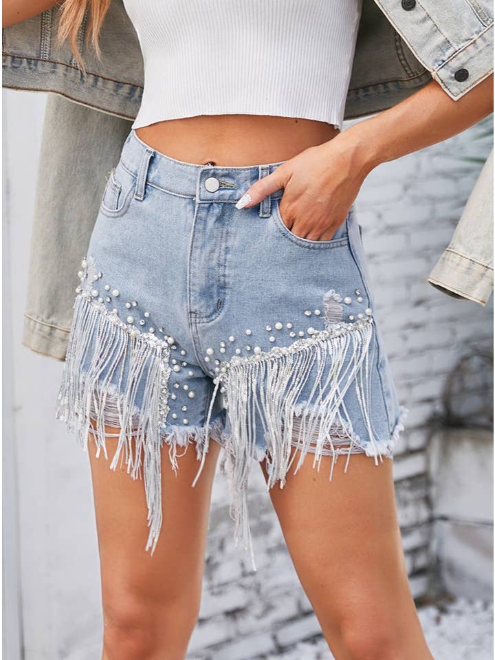 Diamond-Studded Beaded Denim Tassel Shorts
