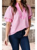 Stripe Color Block Split Neck Short Sleeve Blouse (S-Xl)