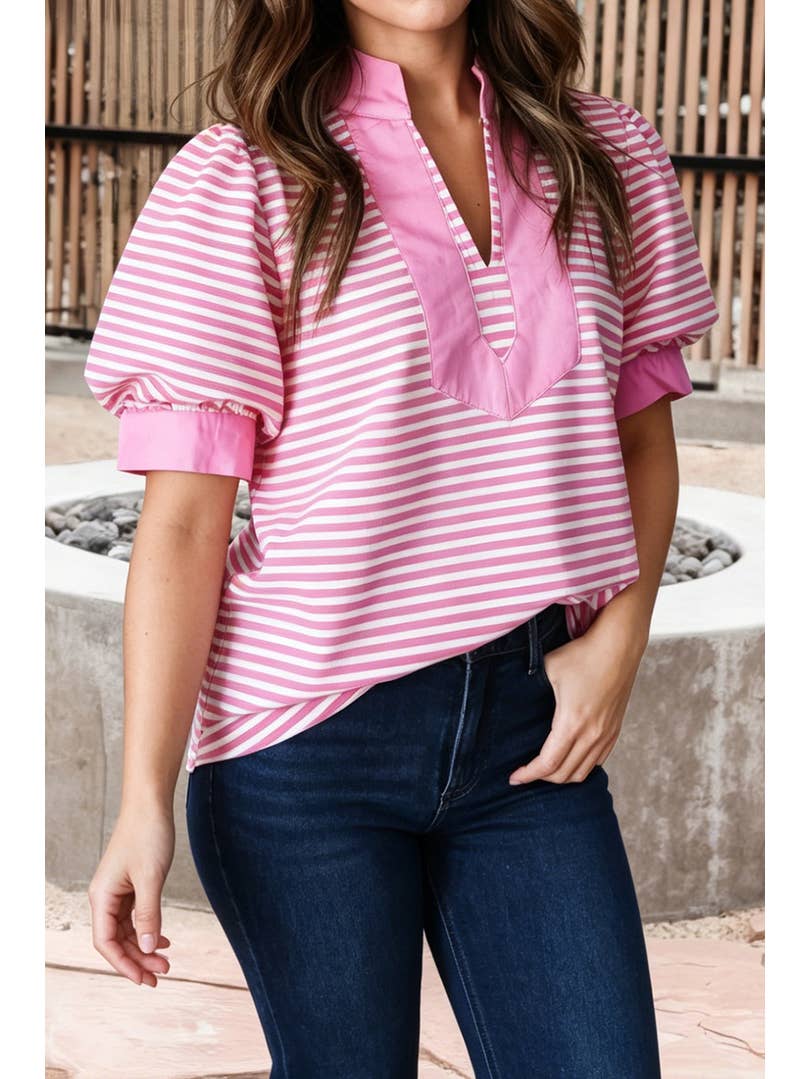 Stripe Color Block Split Neck Short Sleeve Blouse (S-Xl)