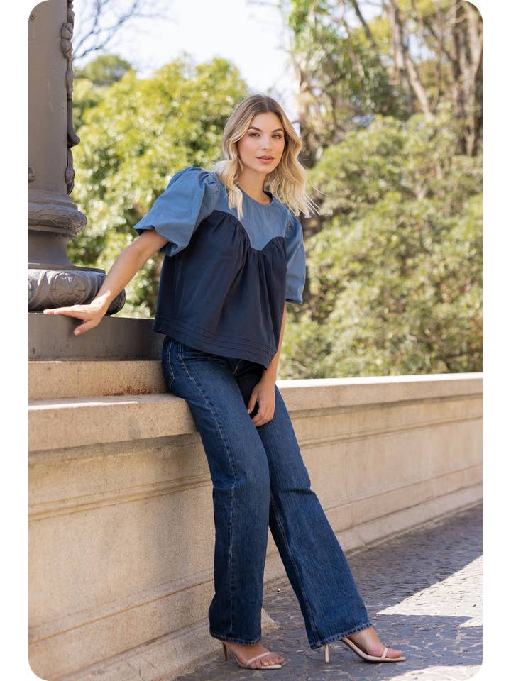 Color Block Pin-Tuck Detail Poplin Top