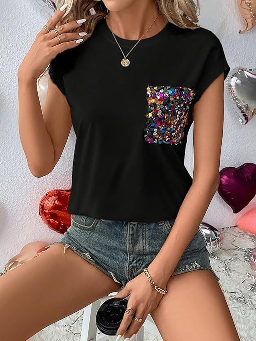 Black Sequin-Pocket Short-Sleeve T-Shirt