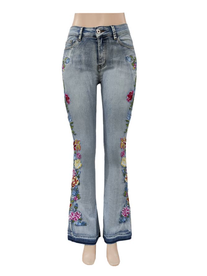 Floral Embellished Flare Light Blue Jeans