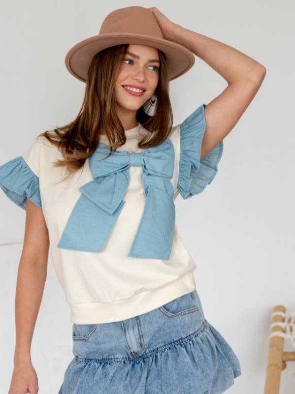 TR2049-01_B_WASHED Denim Mixed Bow Ribbon Short Sleeve Top