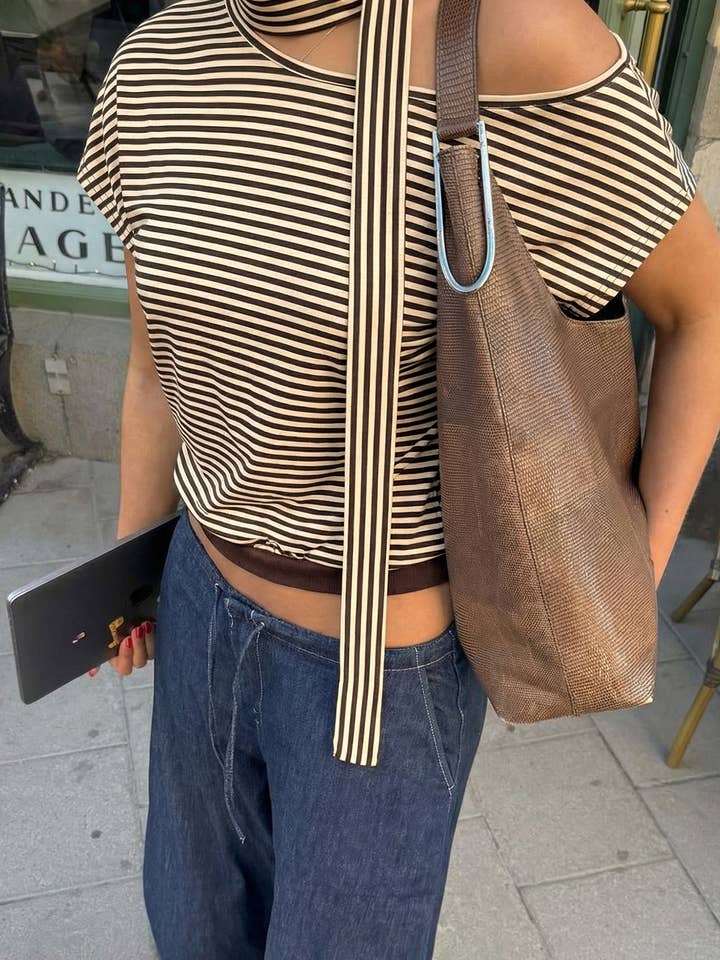 Striped One-Shoulder Knit Top with Scarf Neck