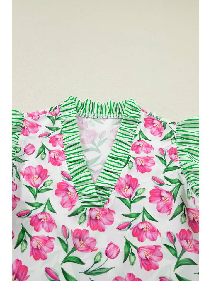 PRETTY BASH Floral Stripe Ruffle Trim Blouse