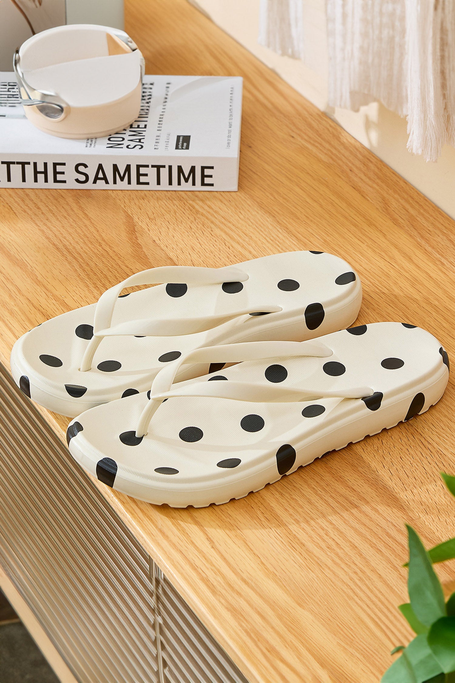 White Polka Dot Print Lightweight PVC Flip Flops