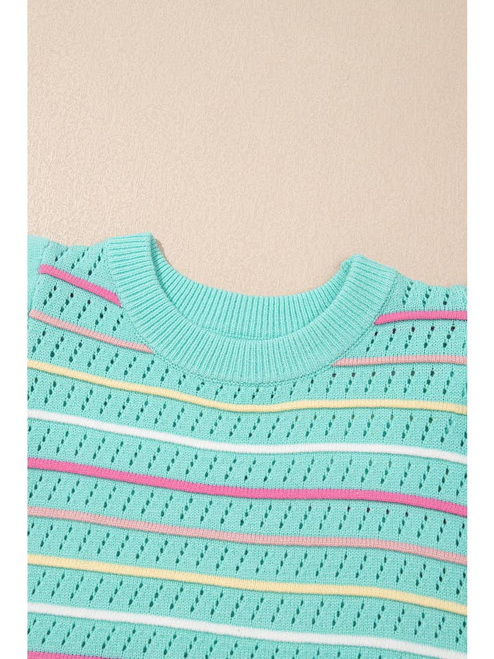 PRETTY BASH Stripe Eyelet Knit Ruffle Sleeve Sweater