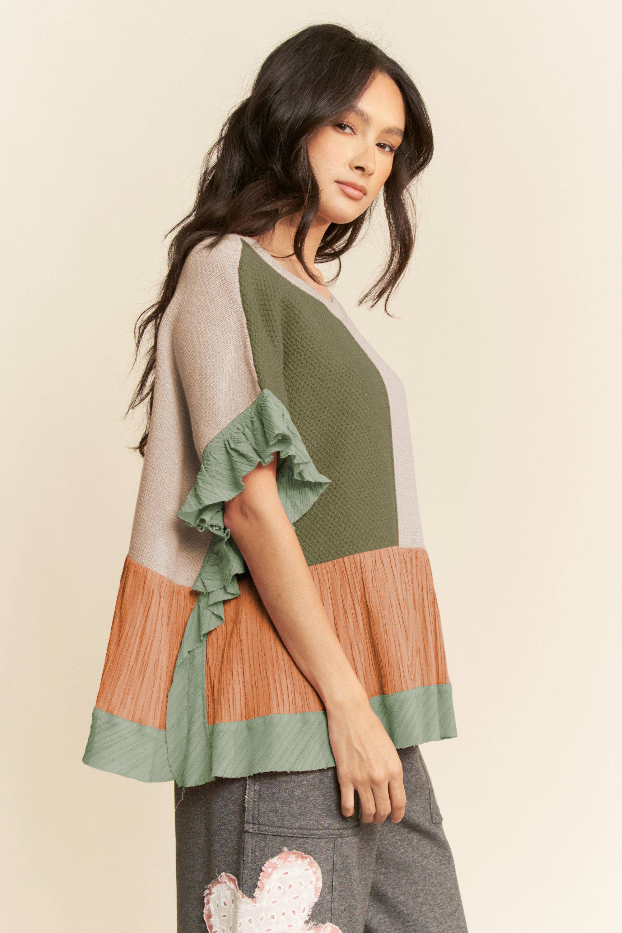 DWT30653-SWEATER Mix Textured Fabric Ruffle Detail Top