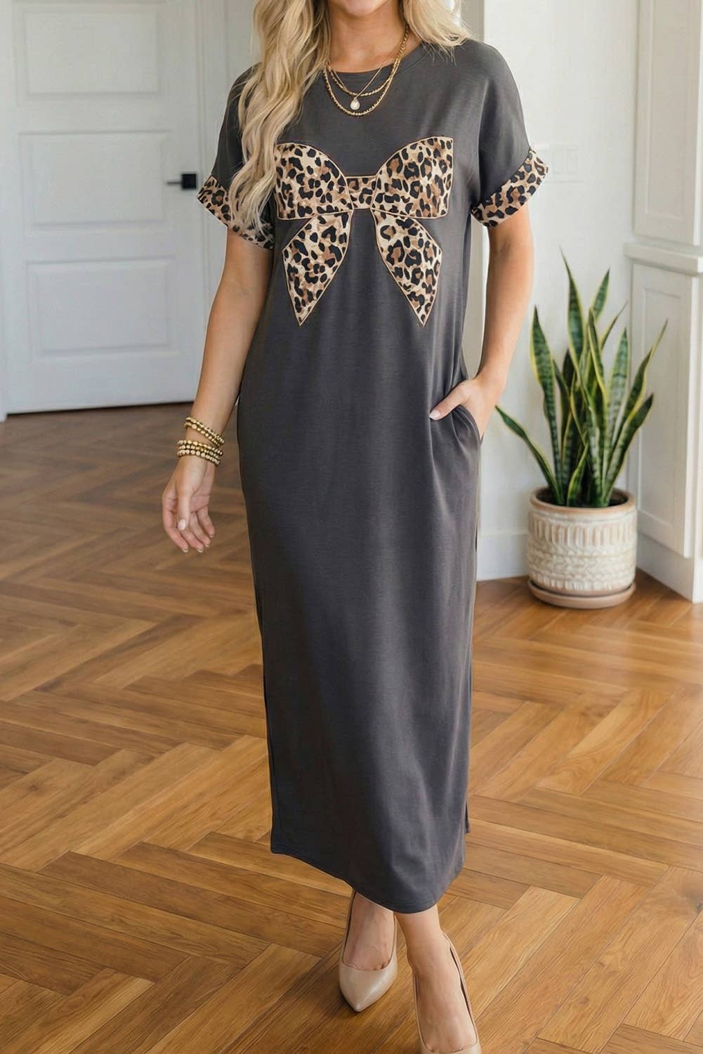 Leopard Bow Short Sleeve T Shirt Maxi Dress | S-Xl