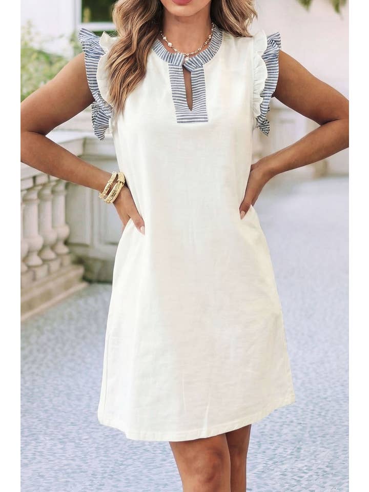 Ldc Striped Patchwork Split Neck Ruffle Trim Dress