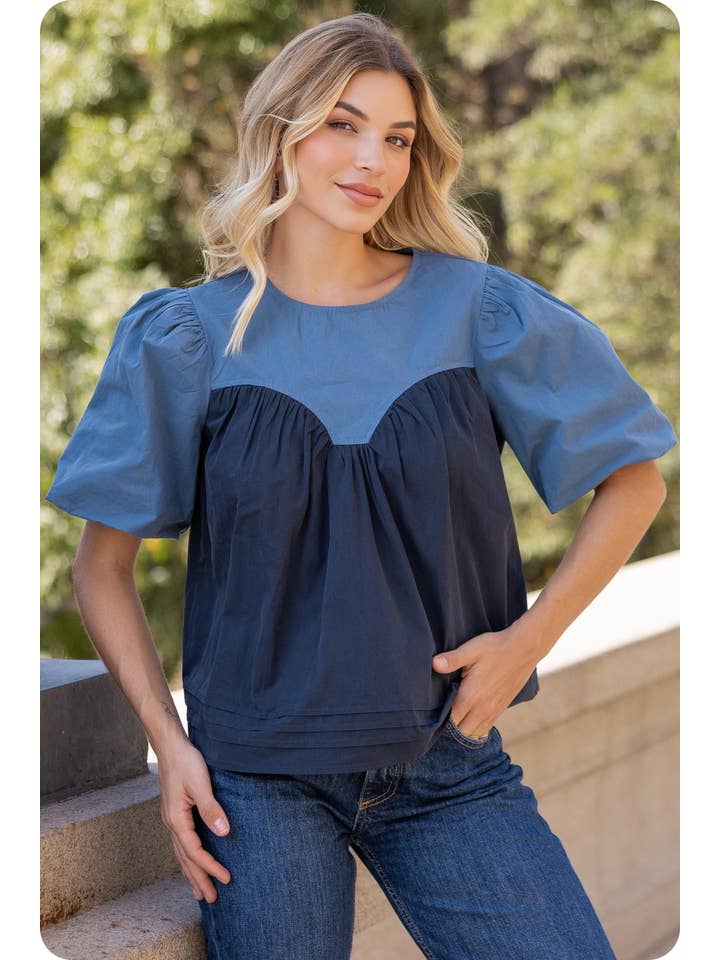 Color Block Pin-Tuck Detail Poplin Top