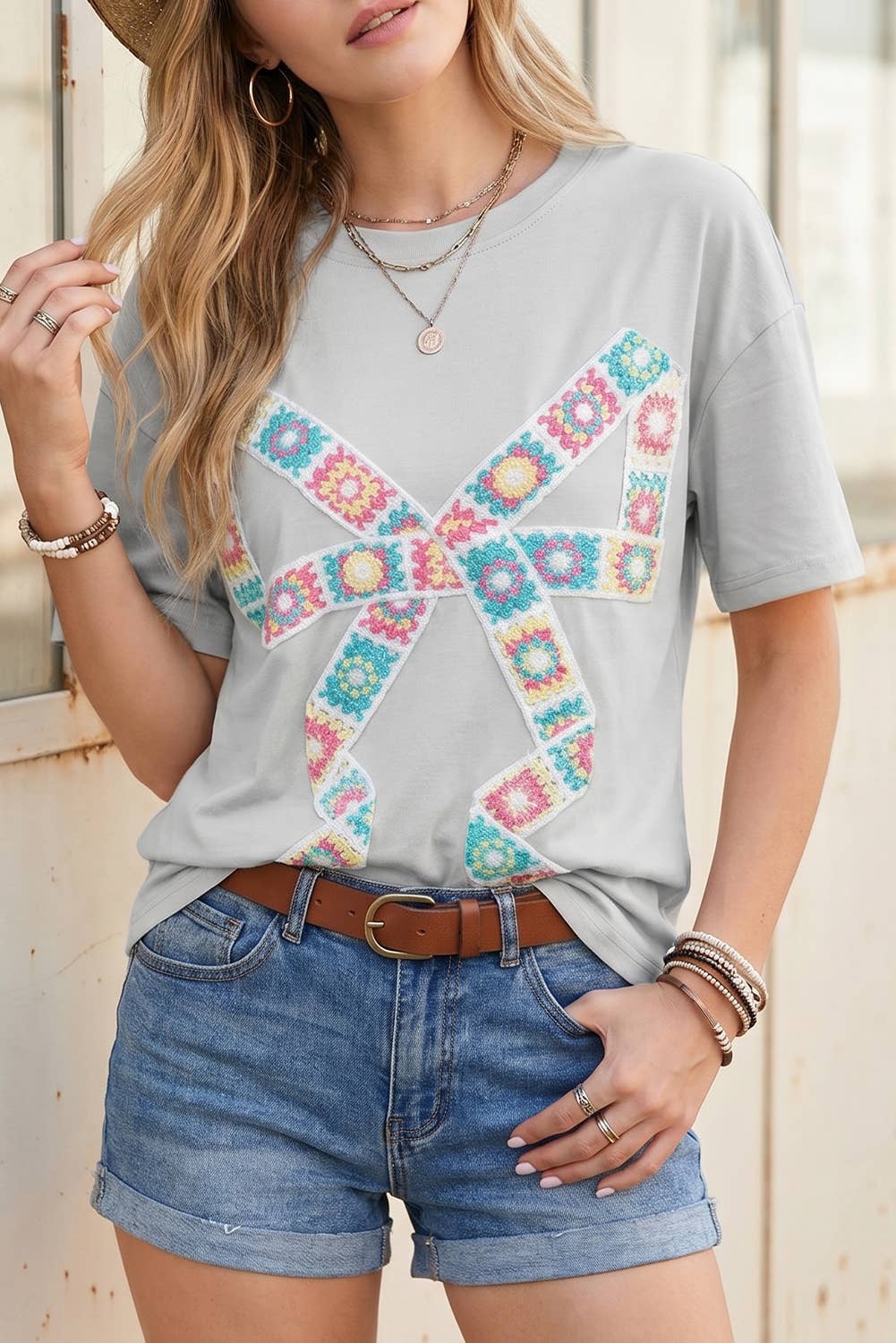 Light Grey Floral Crochet Ribbon Bow Patched Cotton T Shirt