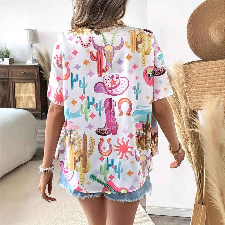 Women's Western Cactus Print Short Sleeve Button-Down Shirt