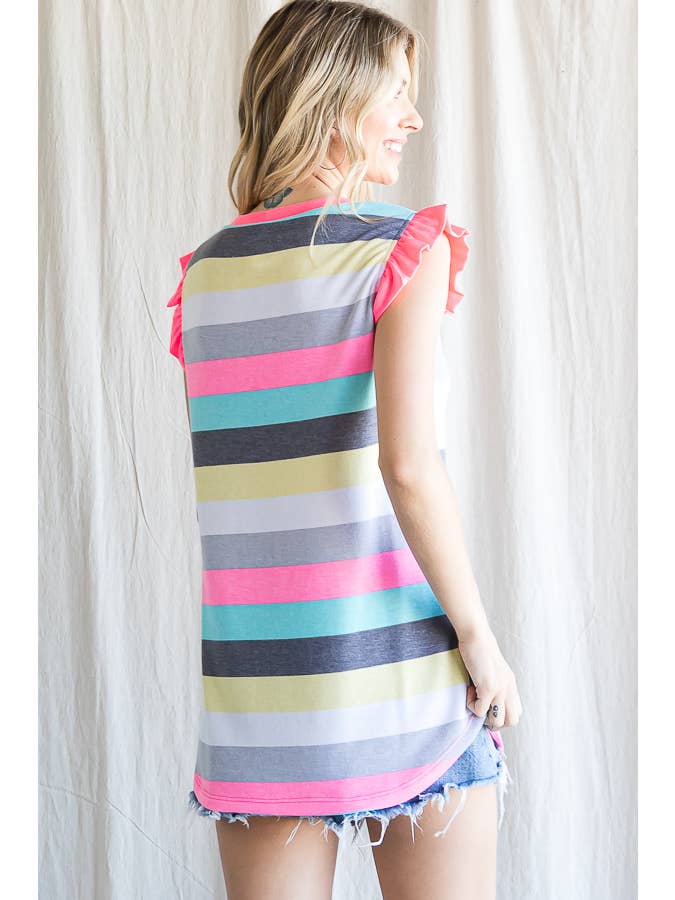 Stripe Print Round Neck Ruffle Sleeves Top T4795