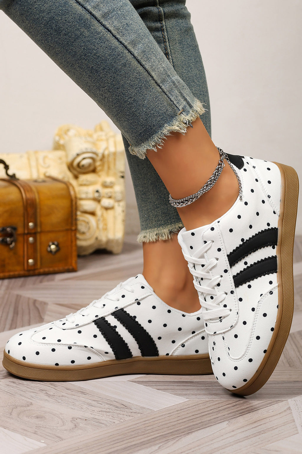 White Polka Dot Print PU Leather Color Block Detail Casual Sneakers