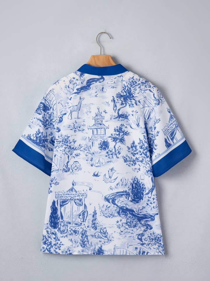 Blue Wild Animal Paradise Contrast V Neck Raglan Sleeve Blouse