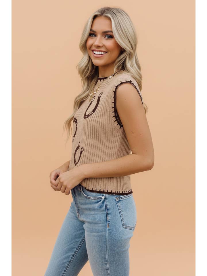PRETTY BASH Western Horseshoe Ribbed Knit Sweater Top