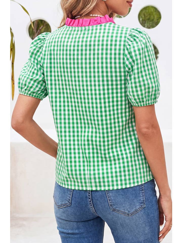 Ldc Gingham Plaid Bubble Sleeve Colorblock Trim Blouse