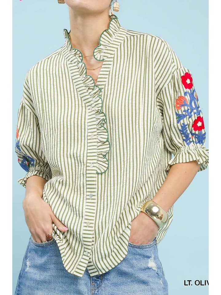 Embroidered Ruffle Trim Stripe Blouse