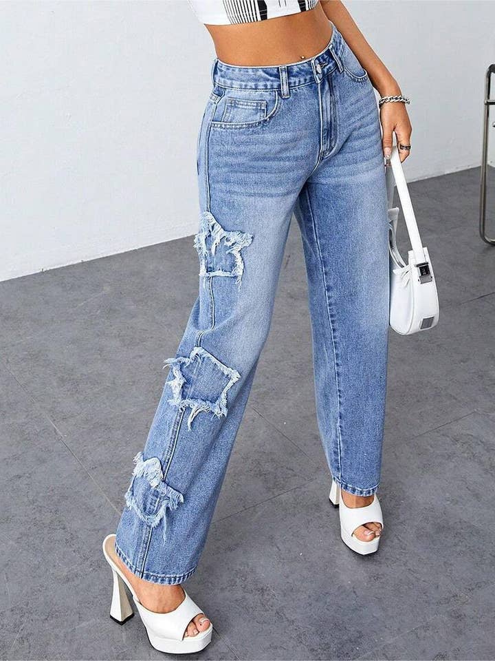 Star Pant Ripped Straight Trousers High Waisted Wash Jeans