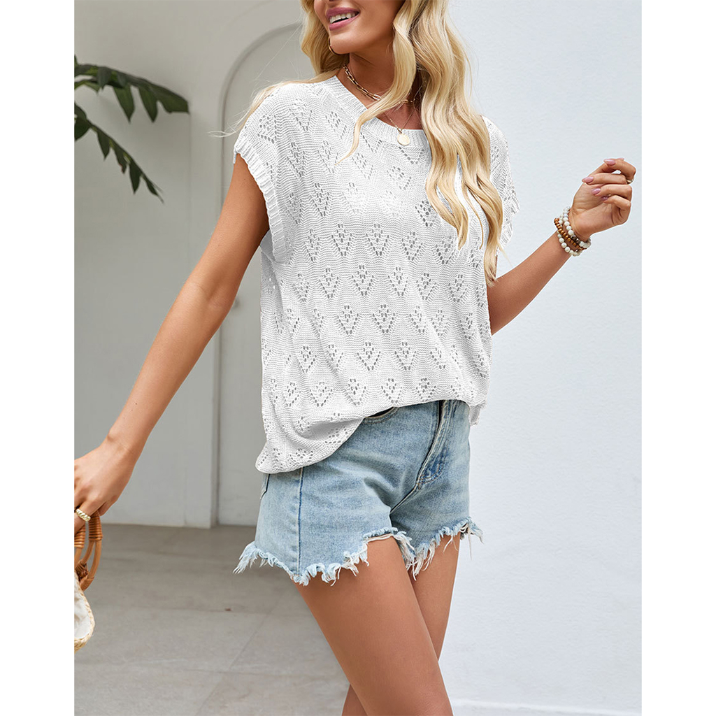 Knitted Hollow-Out Short Sleeve Round Neck Crochet Top SF144