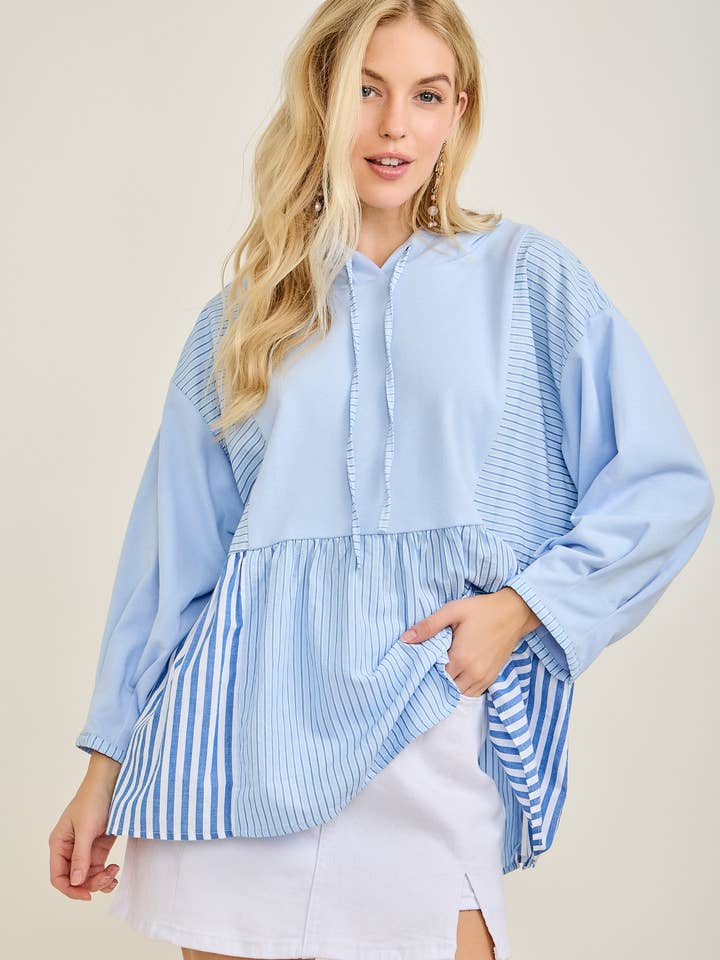 TR2181-01T French Terry Knit and Stripe Mixed Hoodie Top