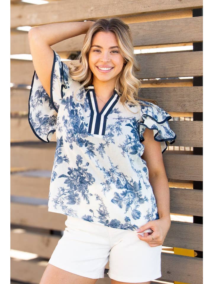 V-Neck Flutter Sleeve Top, Blue Floral