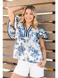V-Neck Flutter Sleeve Top, Blue Floral
