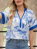 Blue Wild Animal Paradise Contrast V Neck Raglan Sleeve Blouse