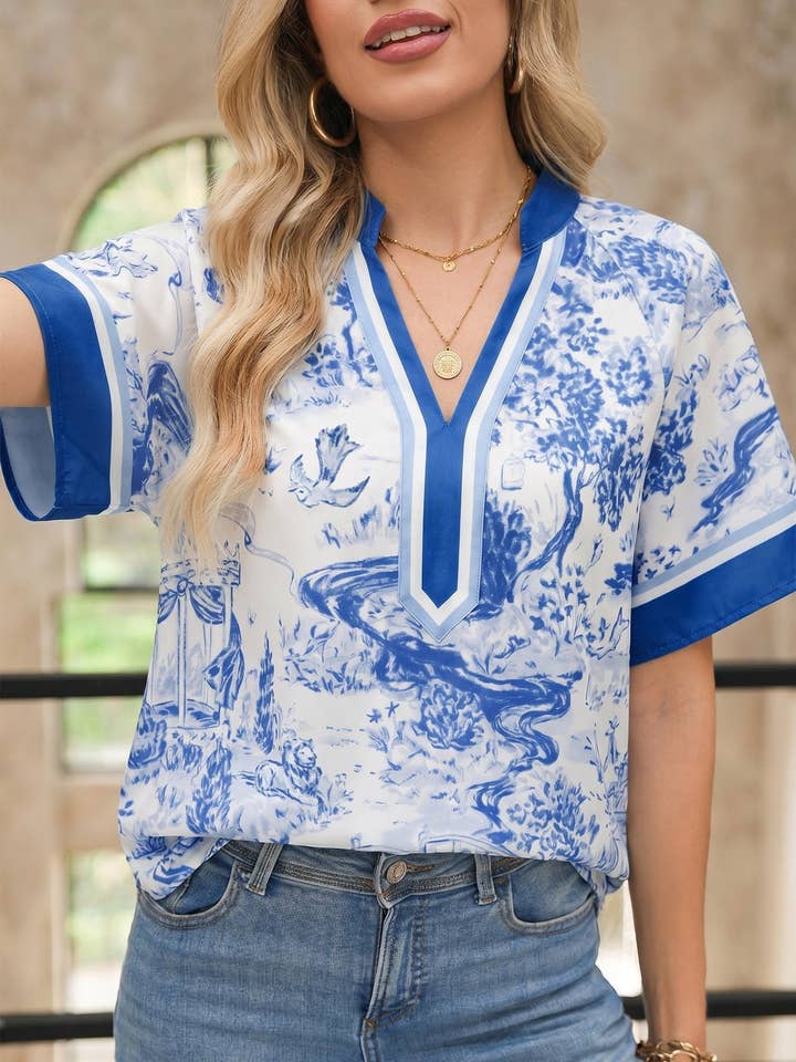 Blue Wild Animal Paradise Contrast V Neck Raglan Sleeve Blouse