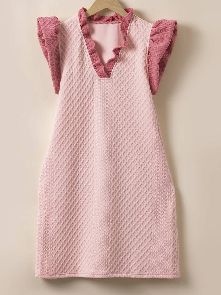 Light Pink Textured Puff Sleeve Ruffled V Neck Shift Mini Dress
