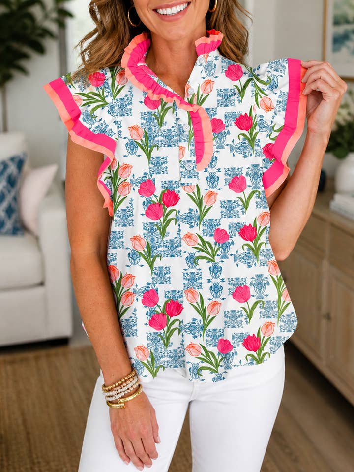Rose Floral Flutter Blouse