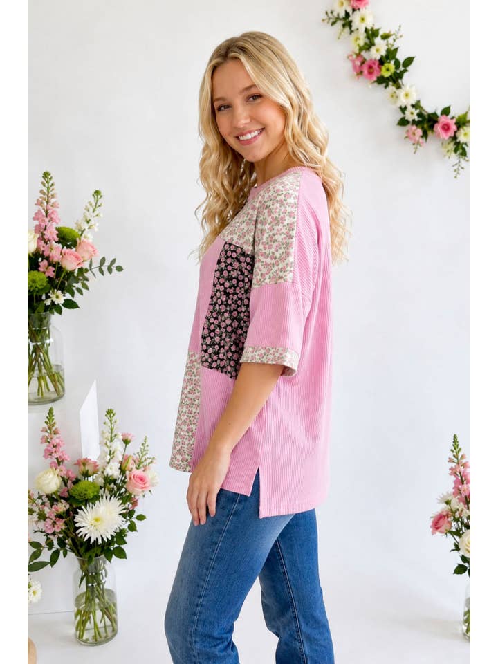 Floral Patchwork Short Sleeve Top T6396