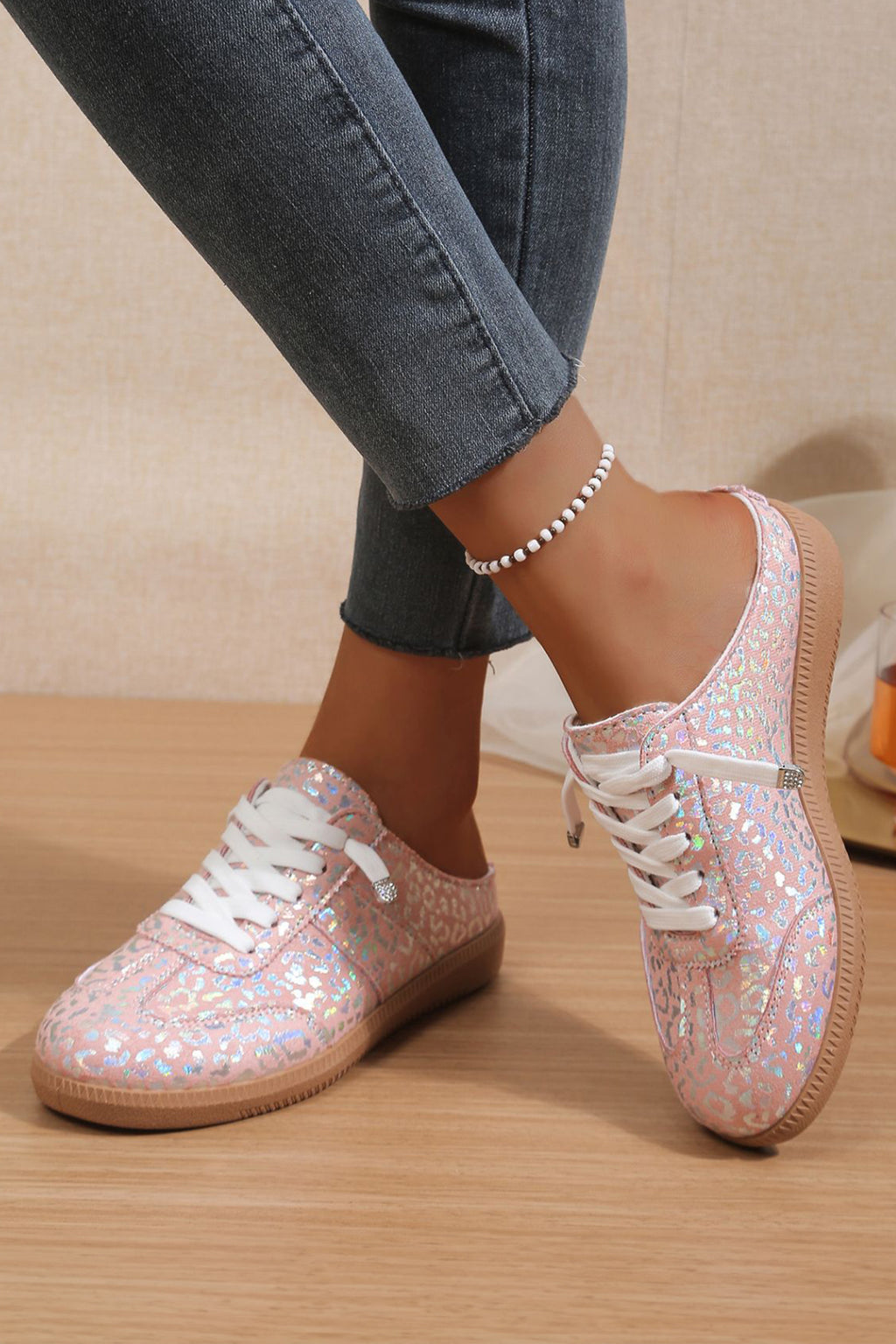 Pink Shiny Leopard Print Lace up Slip On Shoes