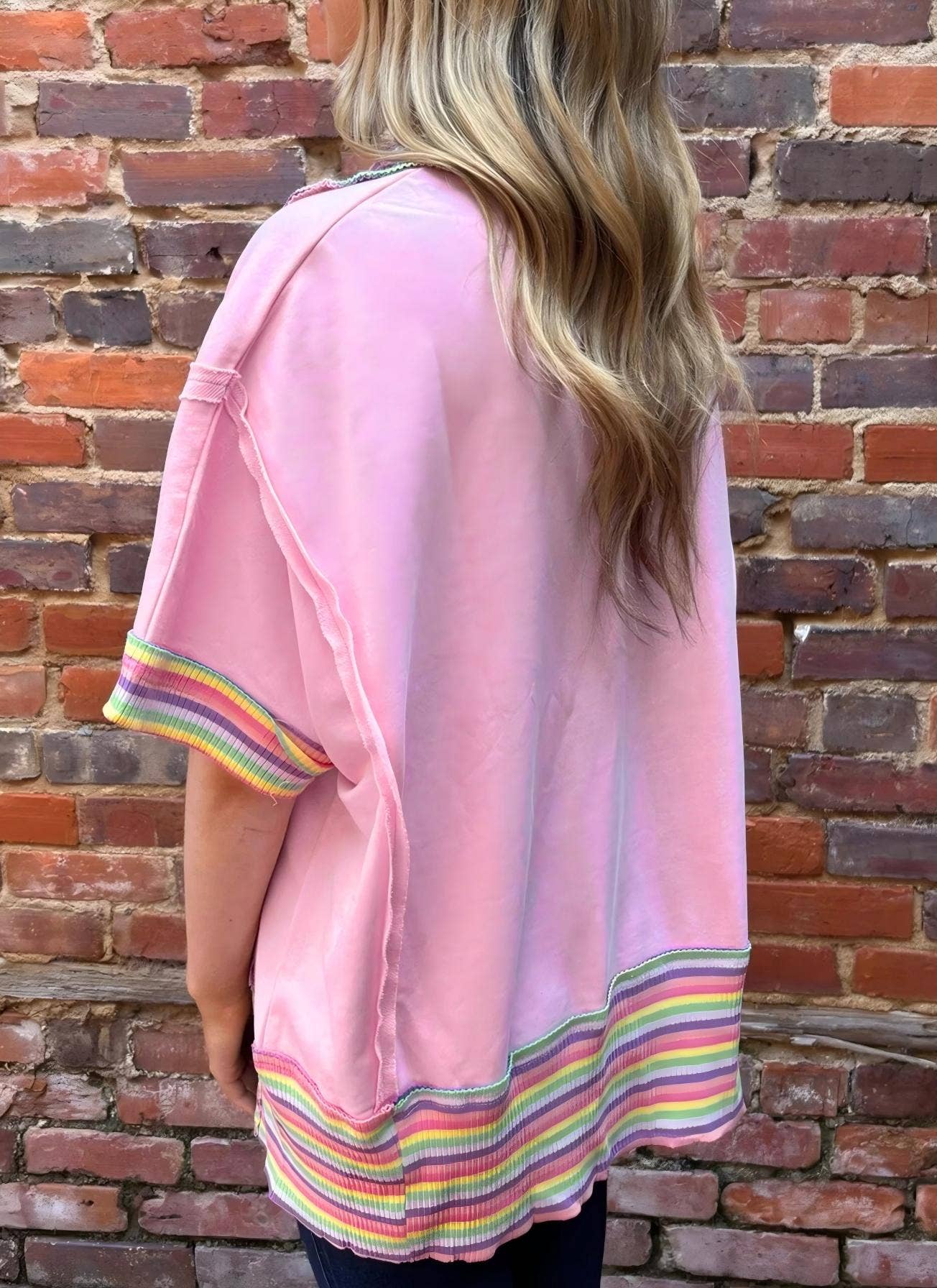 Rainbow Stripe Ribbed Patchwork Raw Seam Oversize Polo Tee