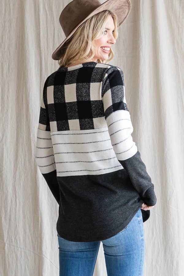 Cozy Color Block Plaid Striped Thumbhole Pullover TopT4423-1