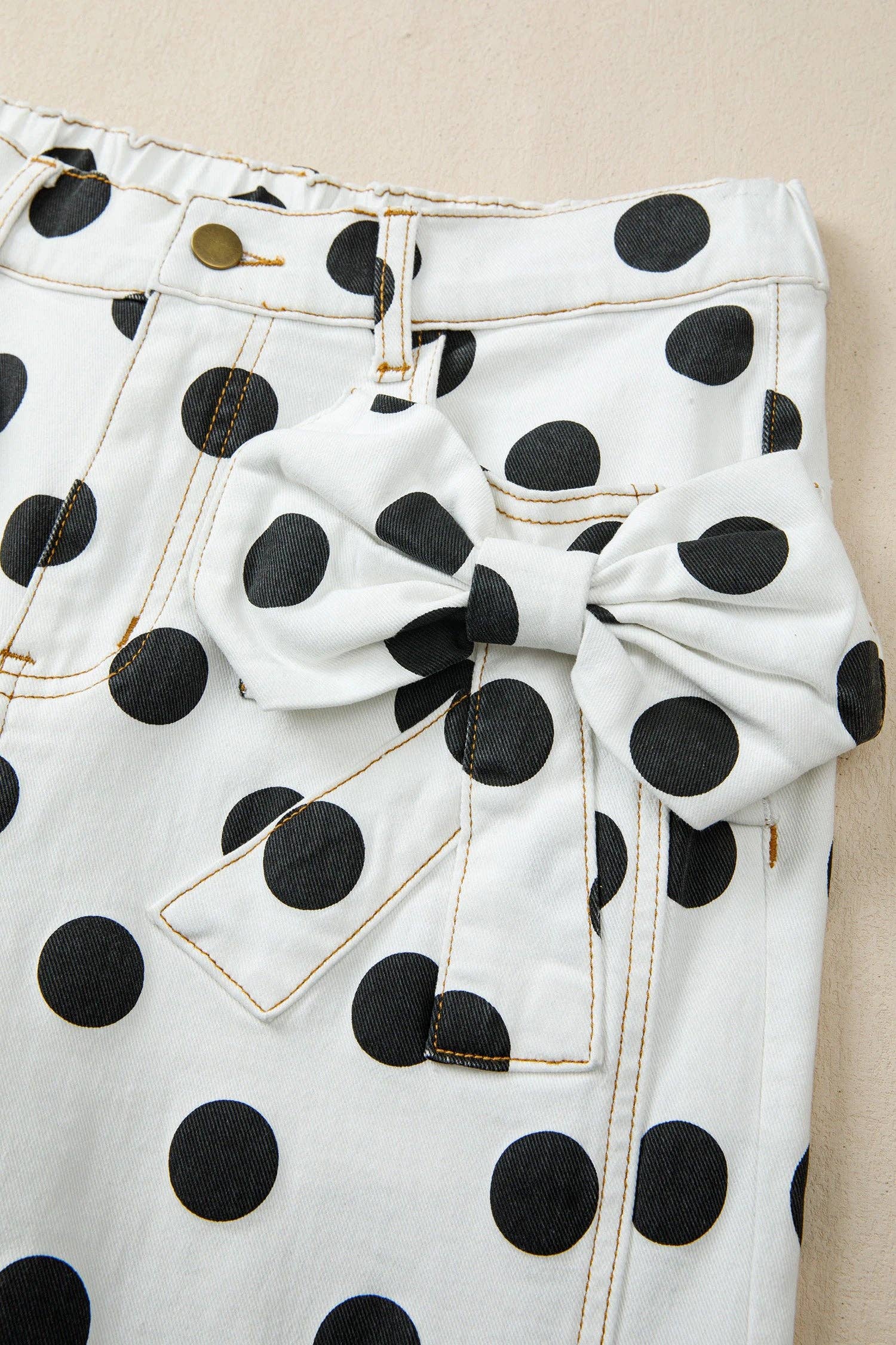 Polka Dot Cotton Jeans High Waist Bow Wide Leg