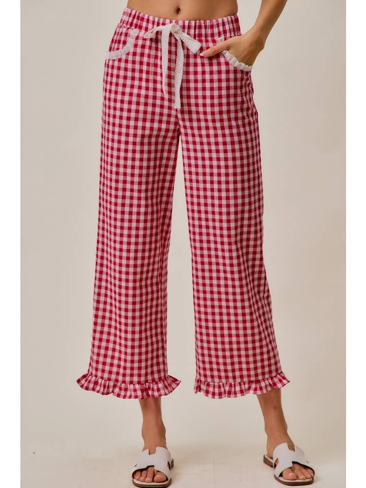 Ruffled Bottom Detail Check Gingham Lace Trim Pant